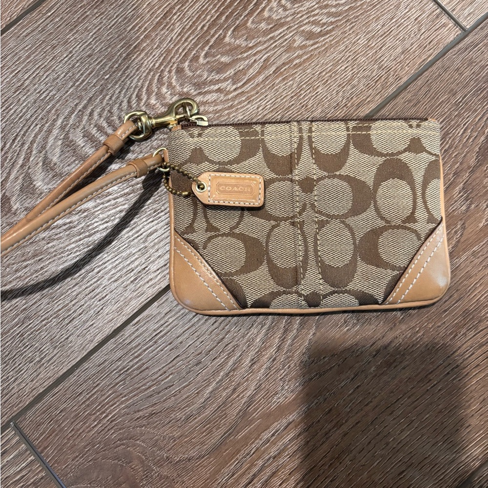 Coach Signature Brown and Tan Wristlet